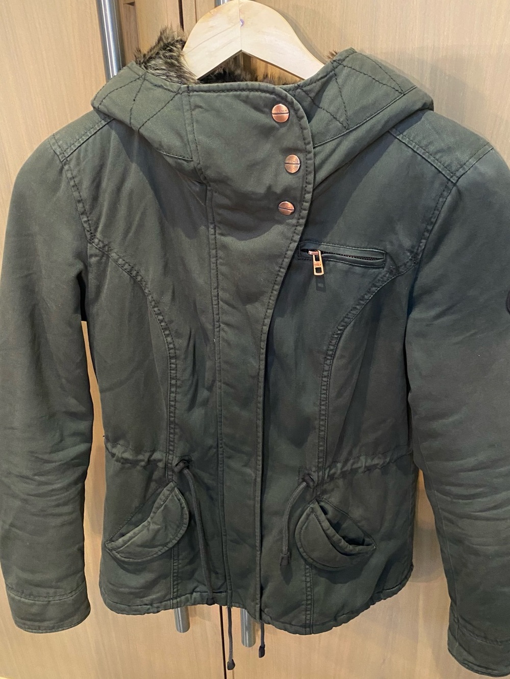 Only Olive Green Hooded Puffer Coat with Faux Fur Trim